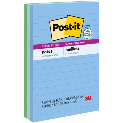 Post-it® Super Sticky Notes - Oasis Color Collection - 270 - 4" x 6" - Rectangle - 90 Sheets per Pad - Ruled - Washed Denim, Fresh Mint, Lucky Green - Paper - Self-adhesive - 3 / Pack