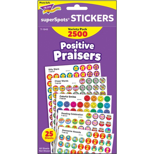 Trend superSpots Positive Praisers Stickers - 2500 x Circle Shape - Self-adhesive - Assorted - 2500 / Pack