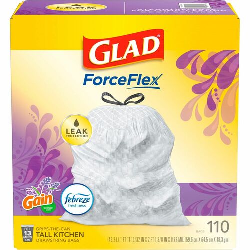 Glad ForceFlex Tall Kitchen Drawstring Trash Bags - Mediterranean Lavender with Febreze Freshness - 13 gal Capacity - 23.75" Width x 25.38" Length - 0.72 mil (18 Micron) Thickness - Drawstring Closure - White - 1/Box - 110 Per Box - Home, Office