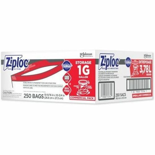 ZiplocÂ® Gallon Storage Bags - Large Size - 1 gal Capacity - 10.50" Width - 1.75 mil (44 Micron) Thickness - Zipper Closure - Textured - Clear - Plastic - 1/Case - 250 Per Box - Multipurpose