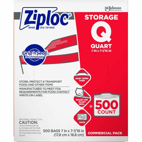 ZiplocÂ® Quart Storage Bags - Medium Size - 1 quart Capacity - 7" Width - 1.75 mil (44 Micron) Thickness - Zipper Closure - Textured - Clear - Plastic - 500/Carton - Multipurpose