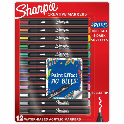 Sharpie Creative Markers, Water-Based Acrylic Markers, Bullet Tip - Bullet Marker Point Style - Assorted Water Based Ink - Black Barrel - 12 / Pack