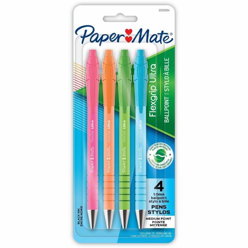 Paper Mate Flexgrip Ultra Recycled Pens - Medium Pen Point - 1 mm Pen Point Size - Retractable - Black - Green Rubberized, Pink, Orange, Blue Barrel - 4 / Pack