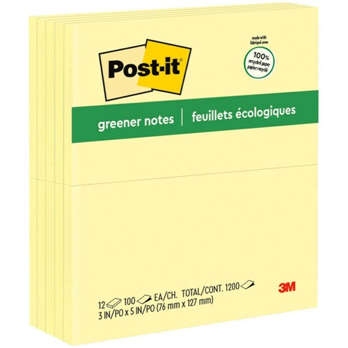 Post-it® Greener Notes - 1200 - 3" x 5" - Rectangle - 100 Sheets per Pad - Unruled - Canary Yellow - Paper - Self-adhesive, Repositionable - 12 / Pack - Recycled